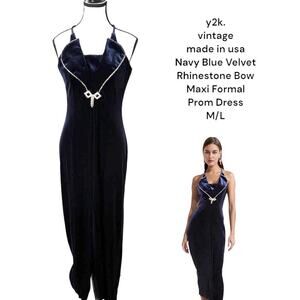 y2k vintage Navy Blue Velvet Rhinestone Bow Formal Prom Maxi Dress M/L